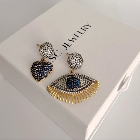 Evil Eye & Heart Handcrafted Dangle Earrings | Royal Blue Zircon | Jewelry - Picture 1 of 7